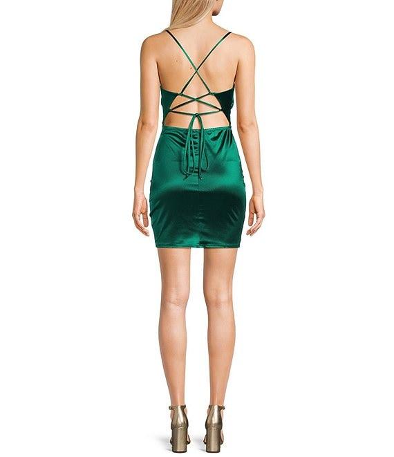 Honey and Rosie Satin Lace-Up Back Wrap Mini Dress Product Image