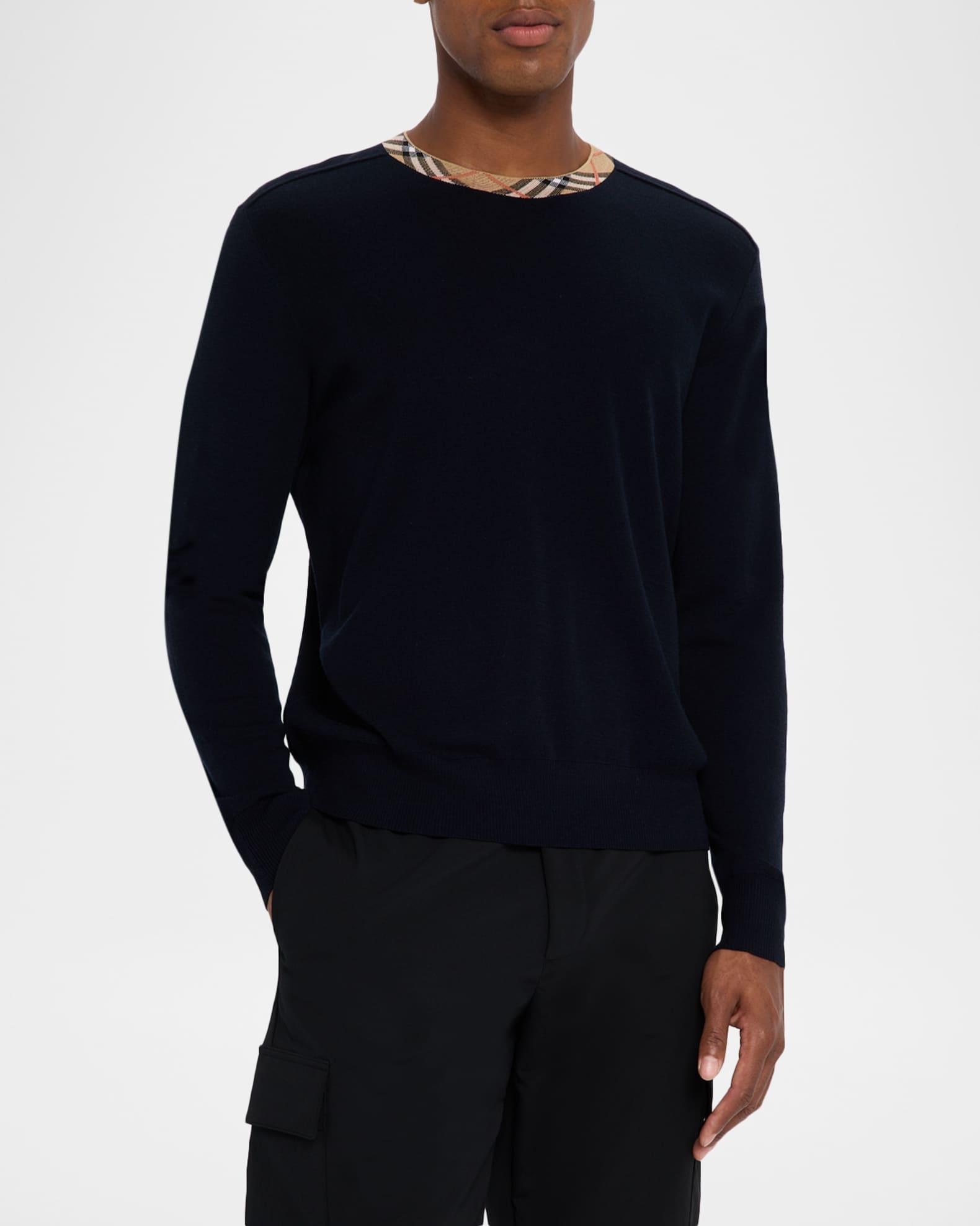 Men's Wool Knit Check-Trim Crewneck Sweater Product Image