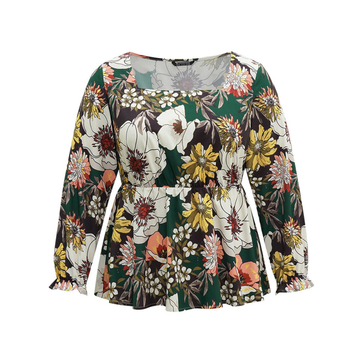Plus Size DarkGreen Floral Square Neck Gathered Lantern Sleeve Blouse Women Elegant Long Sleeve Square Neck Vacation Blouses BloomChic 26/4X Product Image