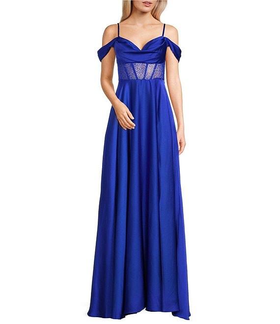 B. Darlin Satin Stone Detail Spaghetti Strap Off-Shoulder Bubble Skirt Dress Product Image