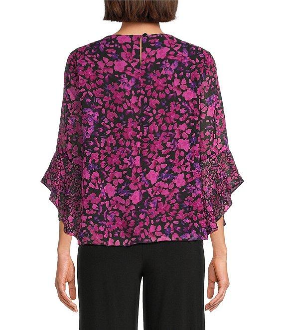 Kasper Petite Size Floral Chiffon Boat Neck 3/4 Ruffle Sleeve Blouse Product Image