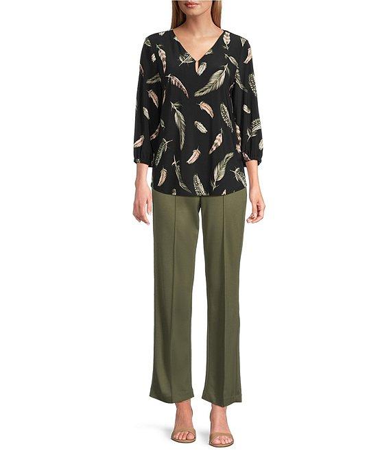 Jones New York Feather Print 3/4 Sleeve Keyhole V-Neck Top Product Image