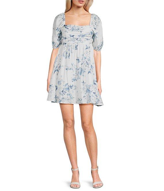 Blu Pepper Floral Print Short Puff Sleeve Babydoll Mini Dress Product Image