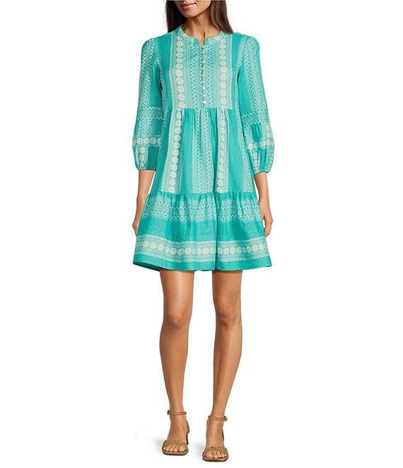 APNY Bohemian Embroidered Split V-Neck 3/4 Sleeve Tiered A-Line Dress Product Image