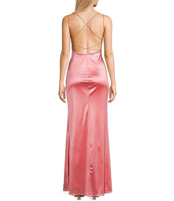 Honey and Rosie Double Strap Wrap Waist Side Slit Long Satin Gown Product Image