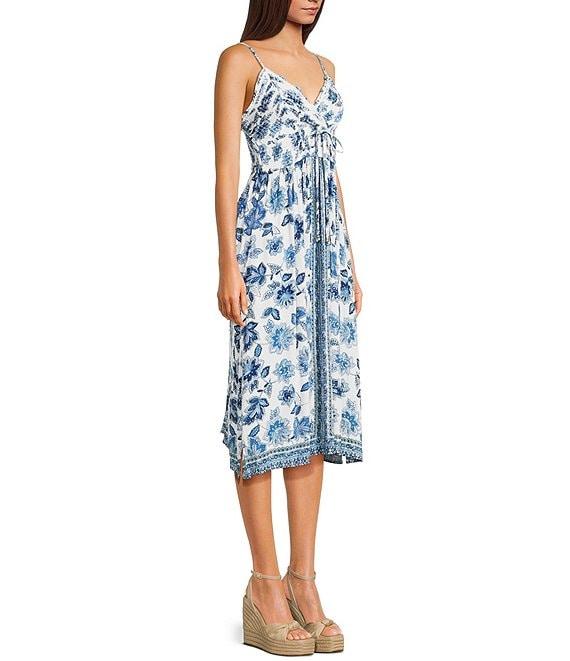 Angie Allover Floral Print V-Neck Crochet Trim Tie Front Midi Dress Product Image