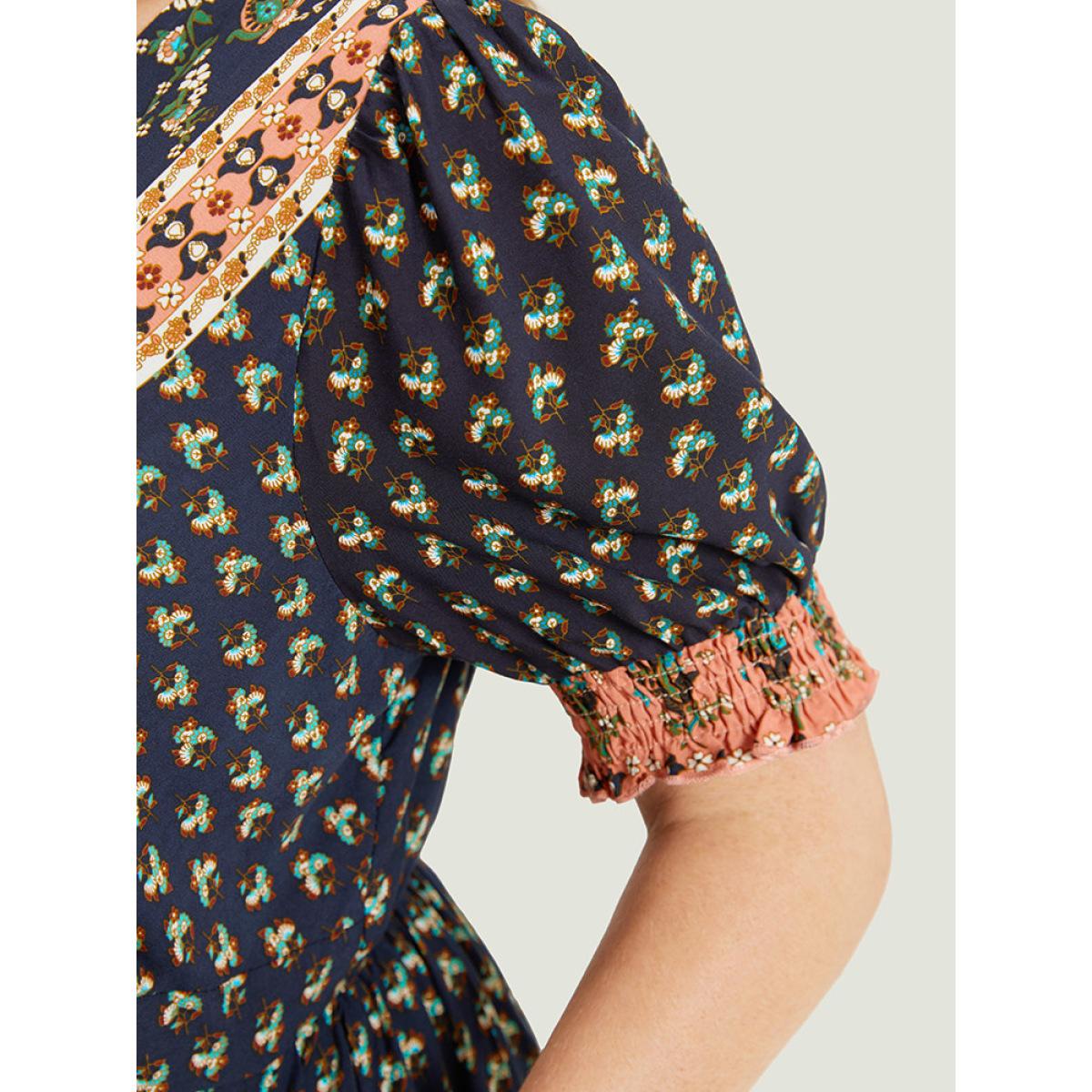 Plus Size Bandana Print Shirred Puff Sleeve Pocket Wrap Empire Waist Dress Indigo Women Vacation Wrap V-neck Short sleeve Curvy Midi Dress BloomChic 28/5X Product Image