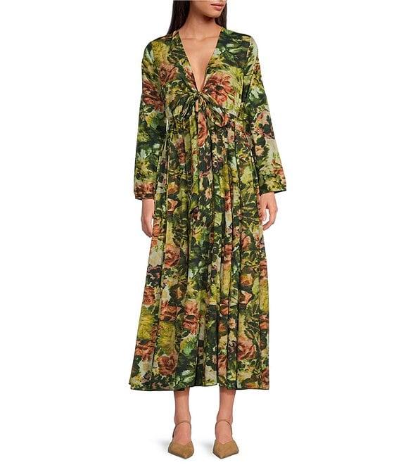 Ro's Garden Angela Woven Floral Print V-Neck Bow Tie Long Sleeve Flounce A-Line Maxi Dress Product Image