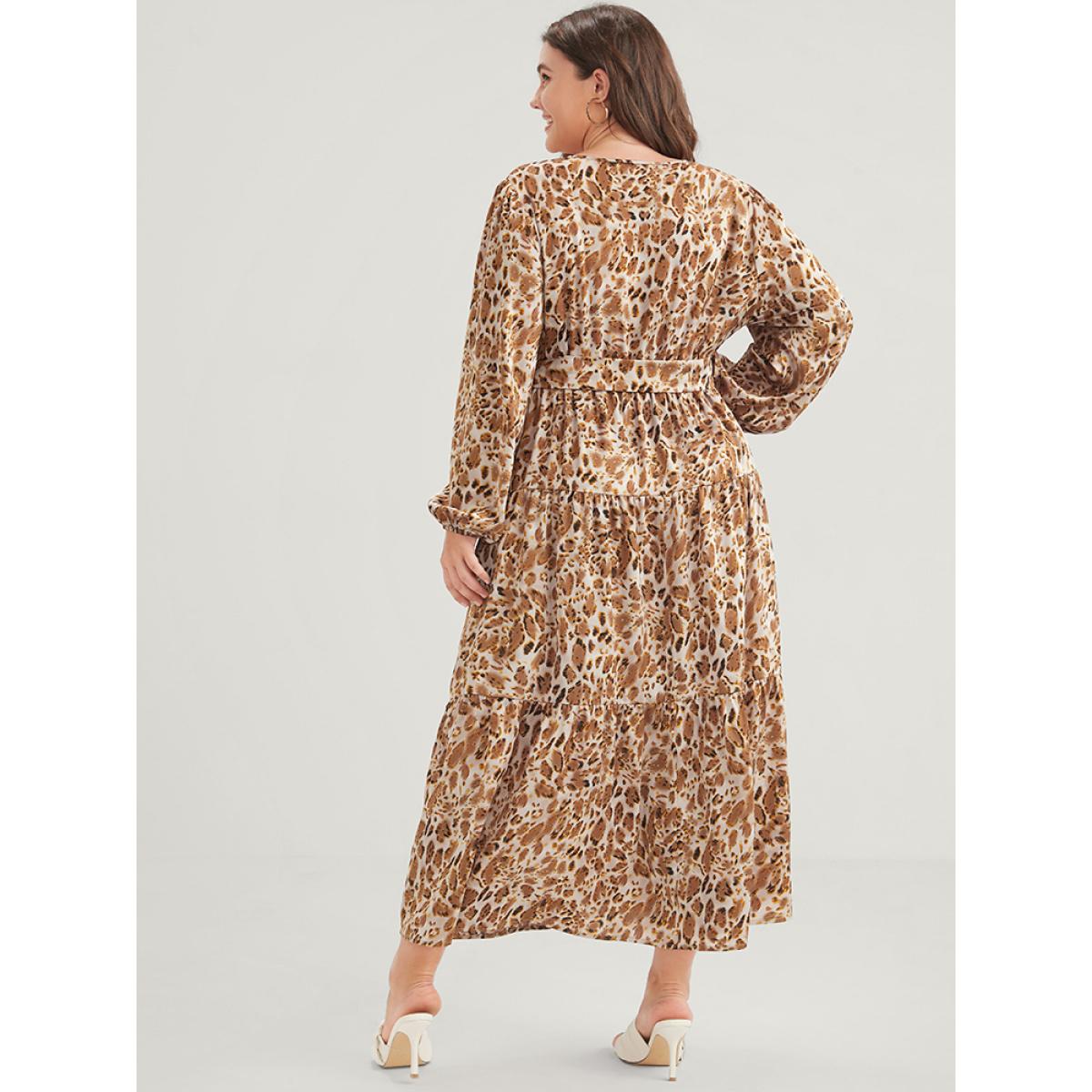 Plus Size Leopard Pocket Surplice Neck Lantern Sleeve Ruffles Belted Maxi Dress Leopard Women Elegant Printed Long Sleeve Curvy Long Dress BloomChic 22-24/3X Product Image