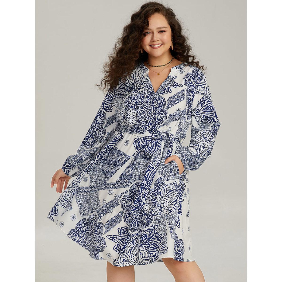 Plus Size Bandana Print Notched Belted Dress Blue Women Vacation Elastic cuffs Notched collar Long Sleeve Curvy Midi Dress BloomChic 22-24/3X Product Image