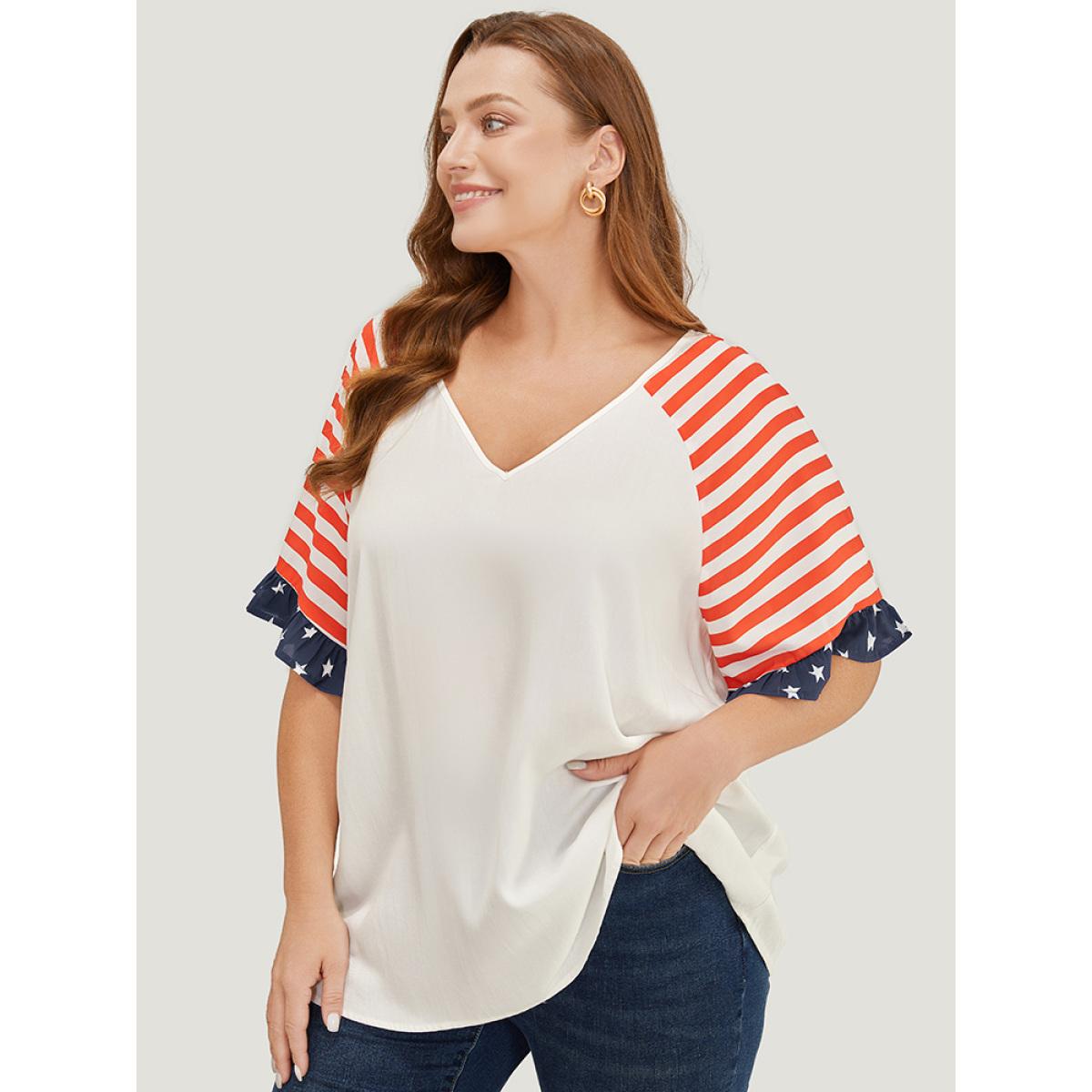 Plus Size White Star & Striped Print Raglan Sleeve Ruffle Trim Blouse Women Elegant Half Sleeve V-neck Dailywear Blouses BloomChic 18-20/2X Product Image