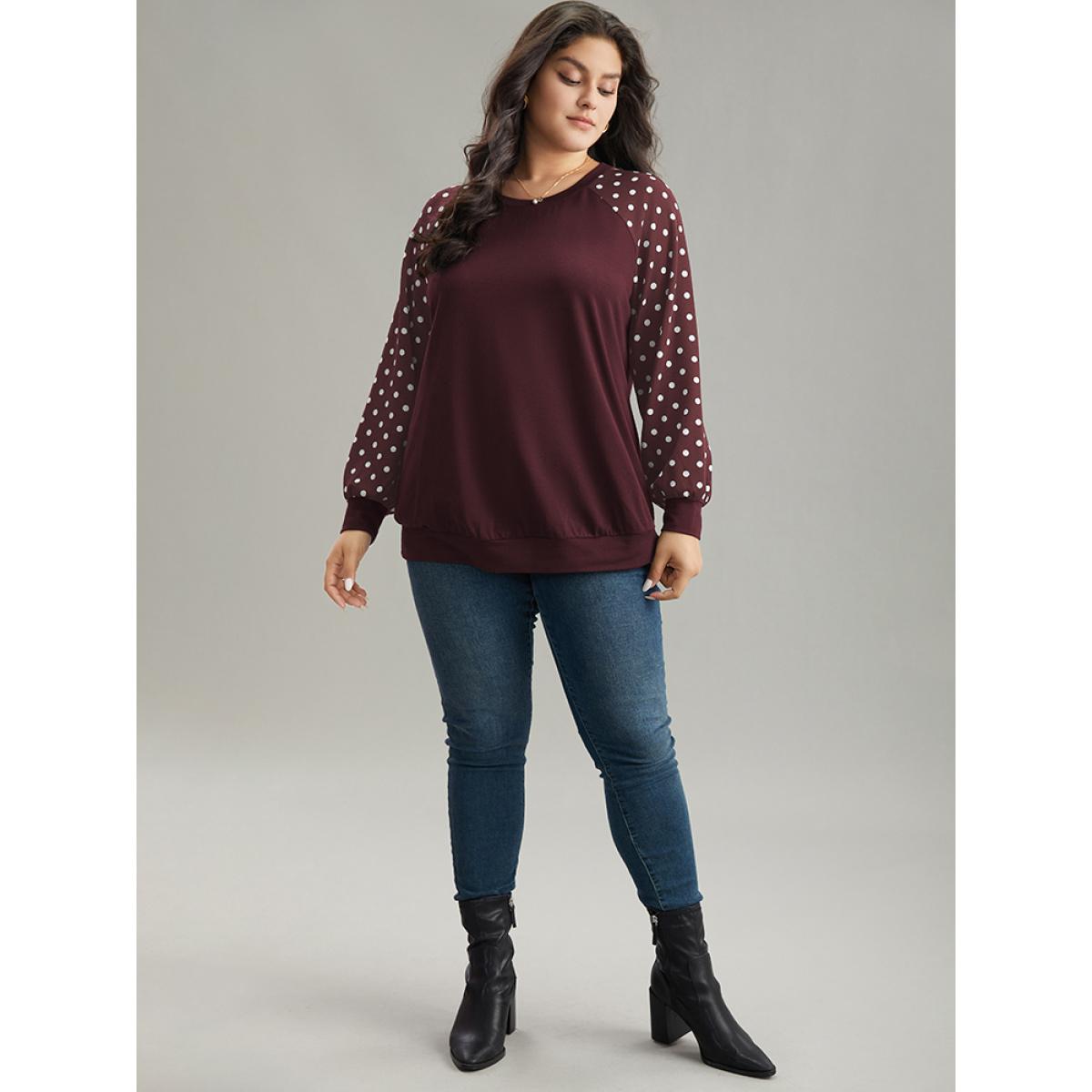 Plus Size Polka Dot Patchwork Raglan Sleeve Sweatshirt Women Burgundy Casual Elastic cuffs Round Neck Everyday Sweatshirts BloomChic 18-20/2X Product Image