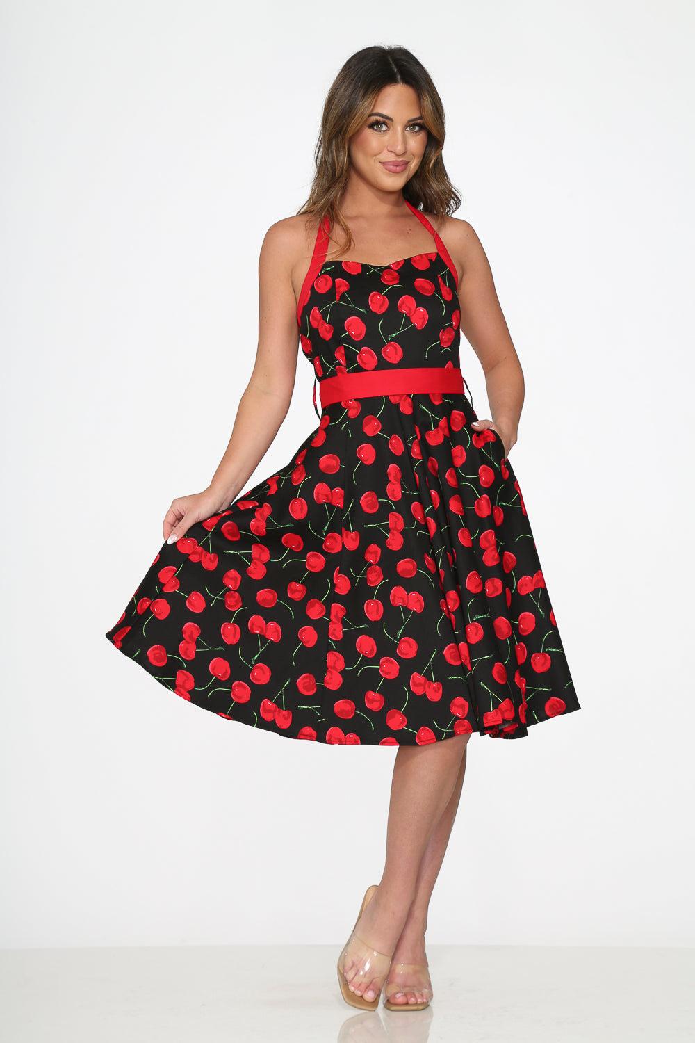Black & Red Cherry Halter Dress Product Image