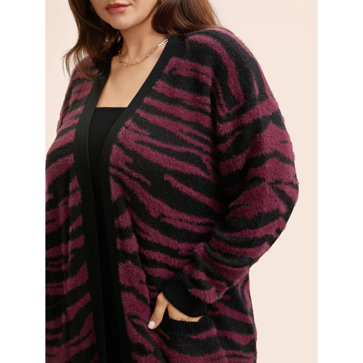 Plus Size Zebra Print Fluffy Patch Pocket Cardigan Black Women Elegant Loose Long Sleeve Everyday Cardigans BloomChic 30/6X Product Image