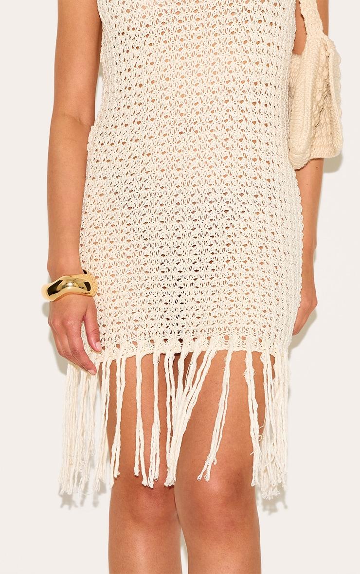 Petite Cream Crochet Boat Neck Tassle Mini Dress Product Image