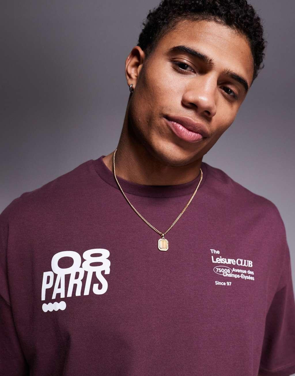 ASOS DESIGN cropped oversized t-shirt with graphics in burgundy Product Image