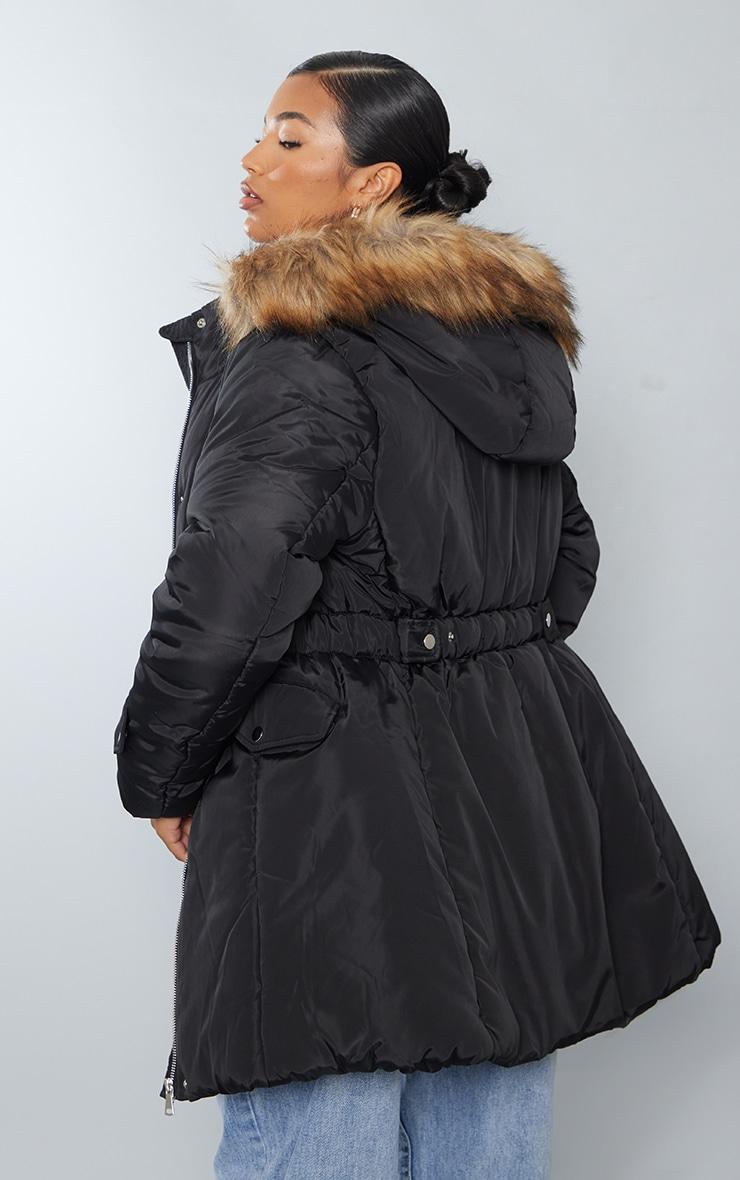 Black Faux Fur Hooded Elasticated Waist Longline Parka Product Image