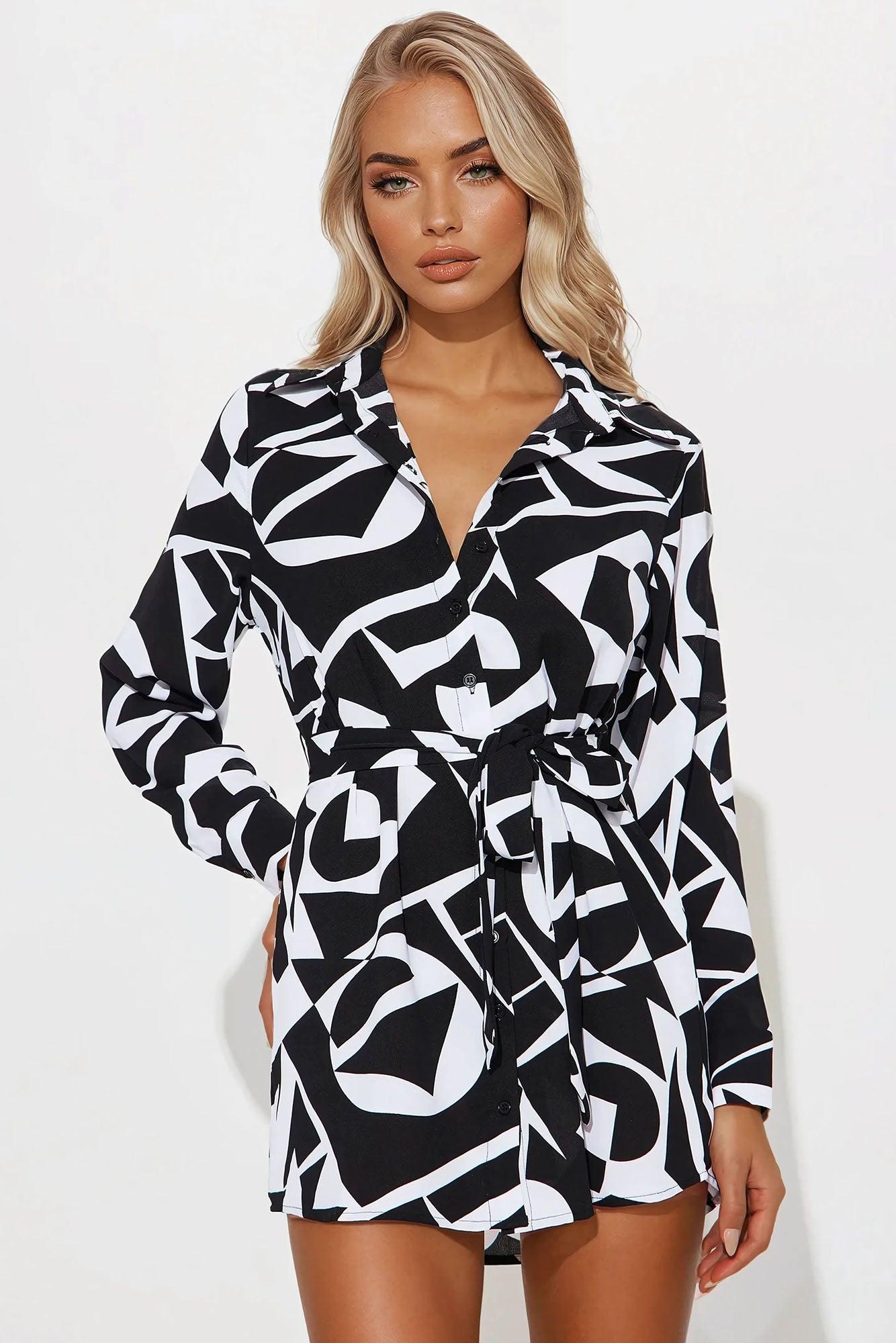 In Tune Belted Mini Shirt Dress - Black/combo Product Image