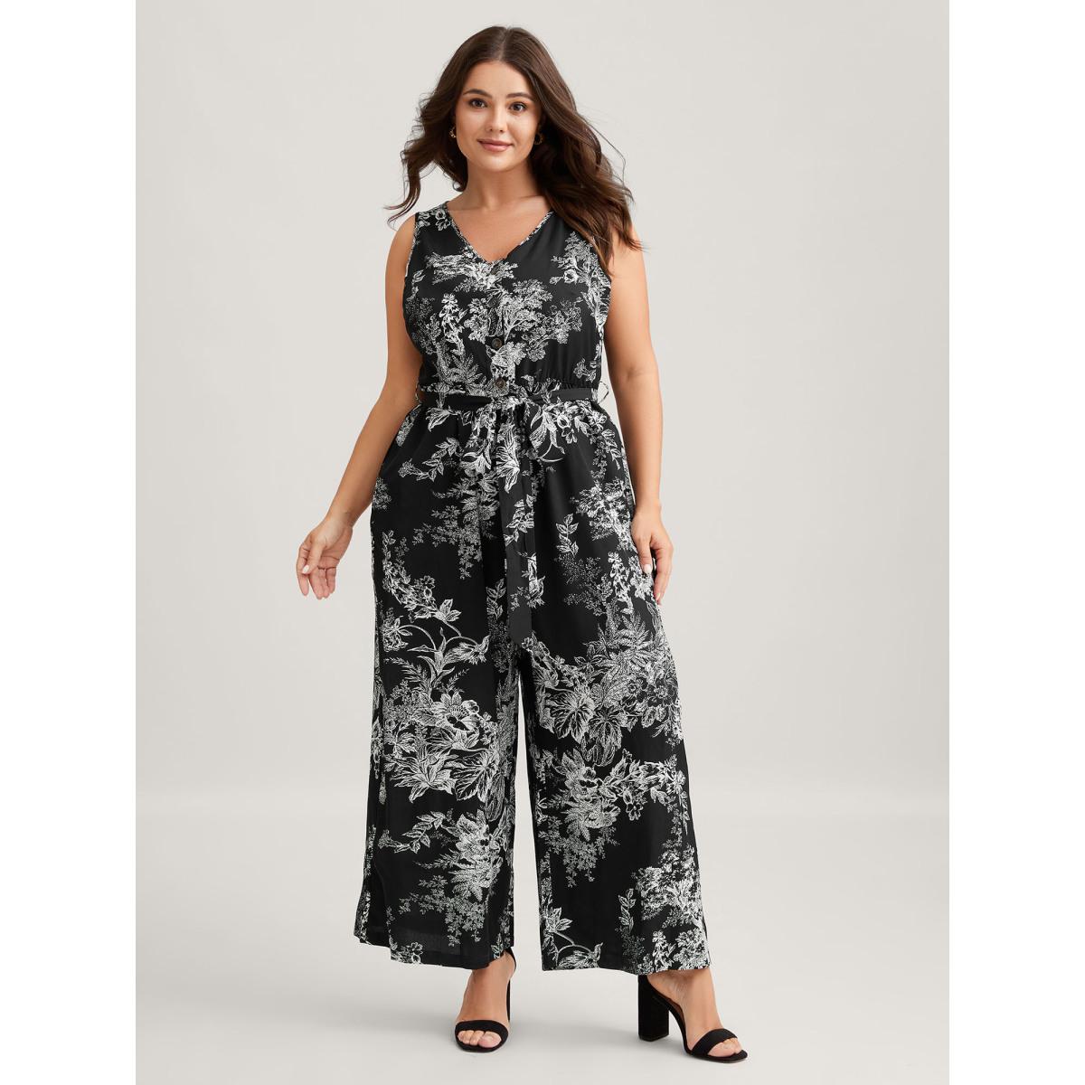 Plus Size Black Monochrome Floral Buttons Pockets Jumpsuit Women Timeless Sleeveless V-neck Elegant Loose Jumpsuits BloomChic 14-16/1X Product Image