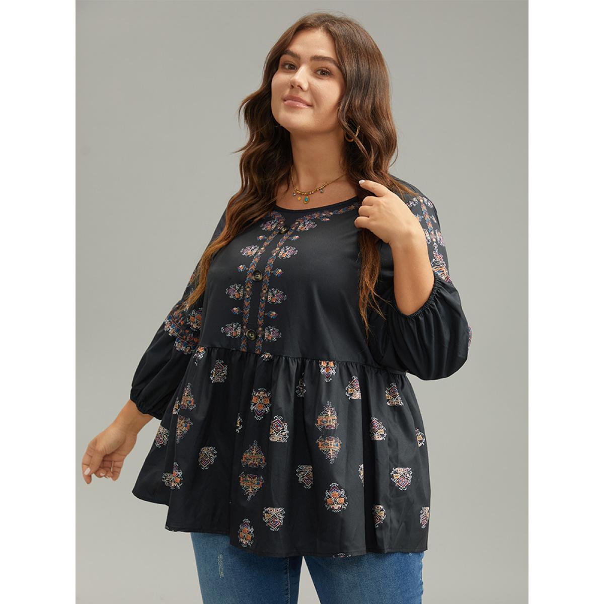 Plus Size Black Boho Print Lantern Sleeve Button Detail Blouse Women Vacation Elbow-length sleeve Round Neck Vacation Blouses BloomChic 14-16/1X Product Image