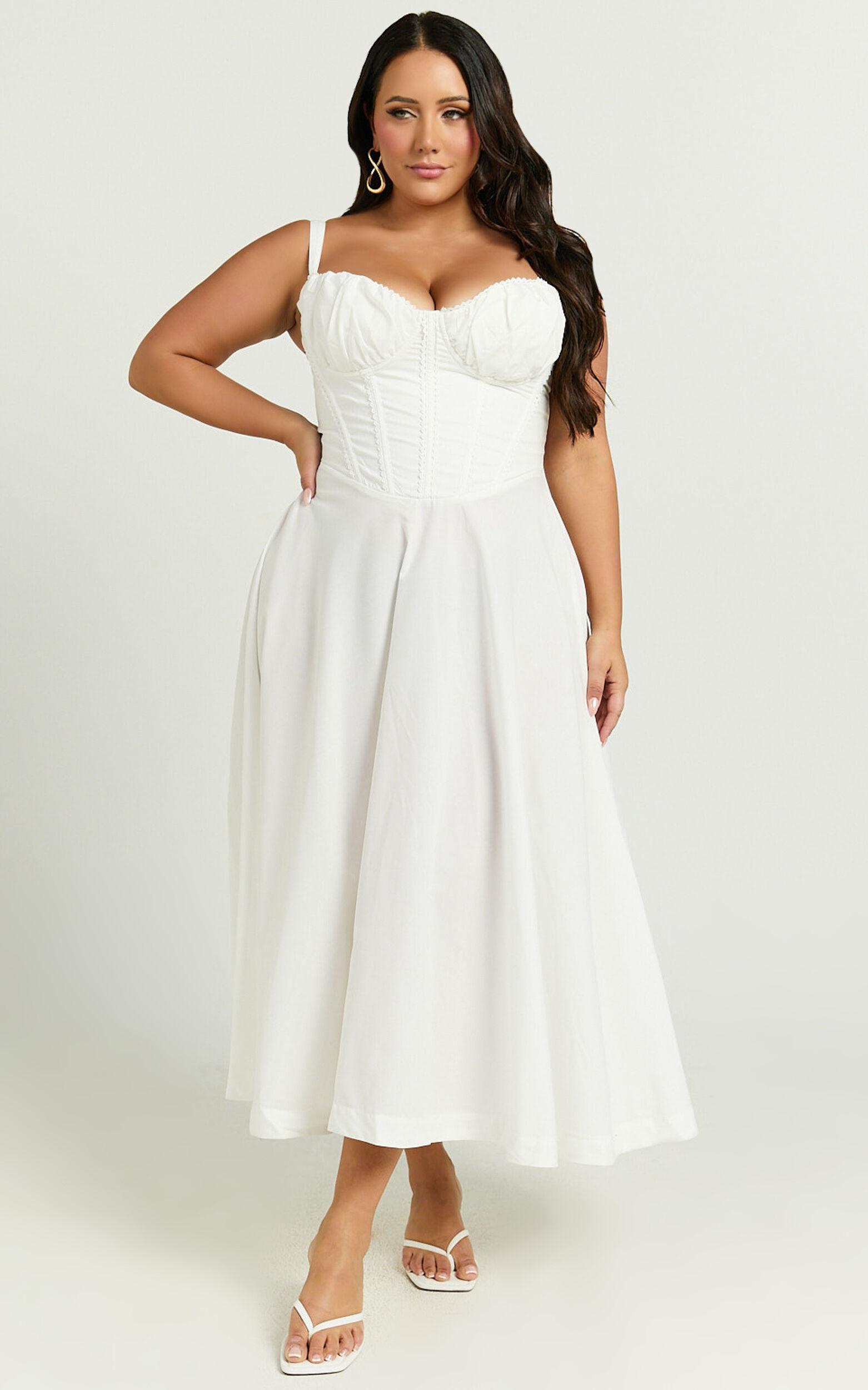 Jonas Midi Dress - Ruched Corset Lace Trim Dress in Ivory Product Image