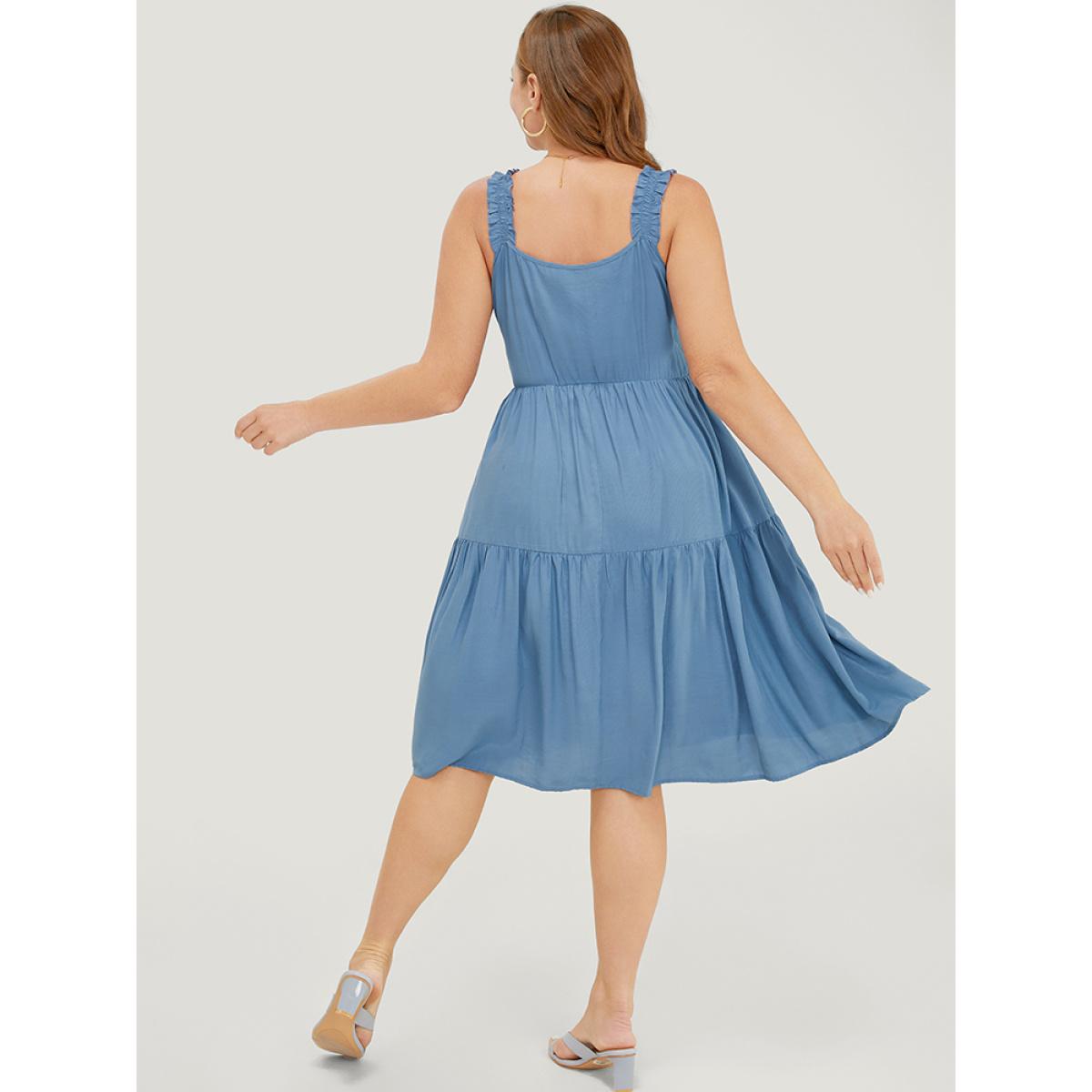 Plus Size Solid Shirred Pocket Ruffle Tiered Cami Dress Stone Women Elegant Gathered Square Neck Sleeveless Curvy Knee Dress BloomChic 18-20/2X Product Image