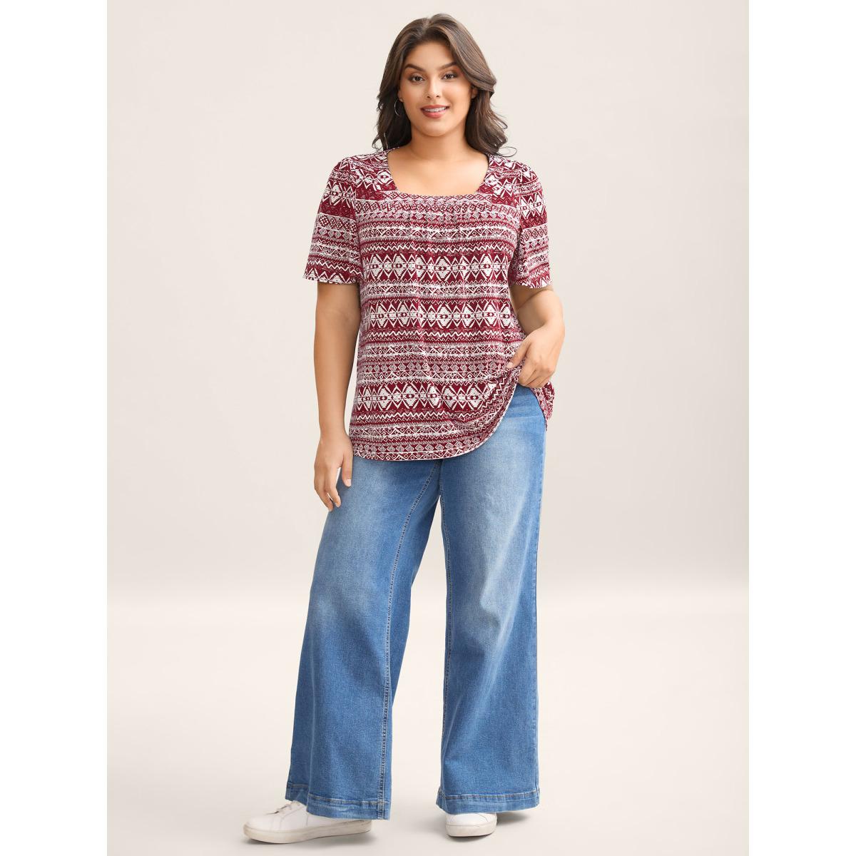 Plus Size Boho Print Square Neck T-Shirt Scarlet Women Leisure Gathered Square Neck Casual T-shirts BloomChic 12/L Product Image