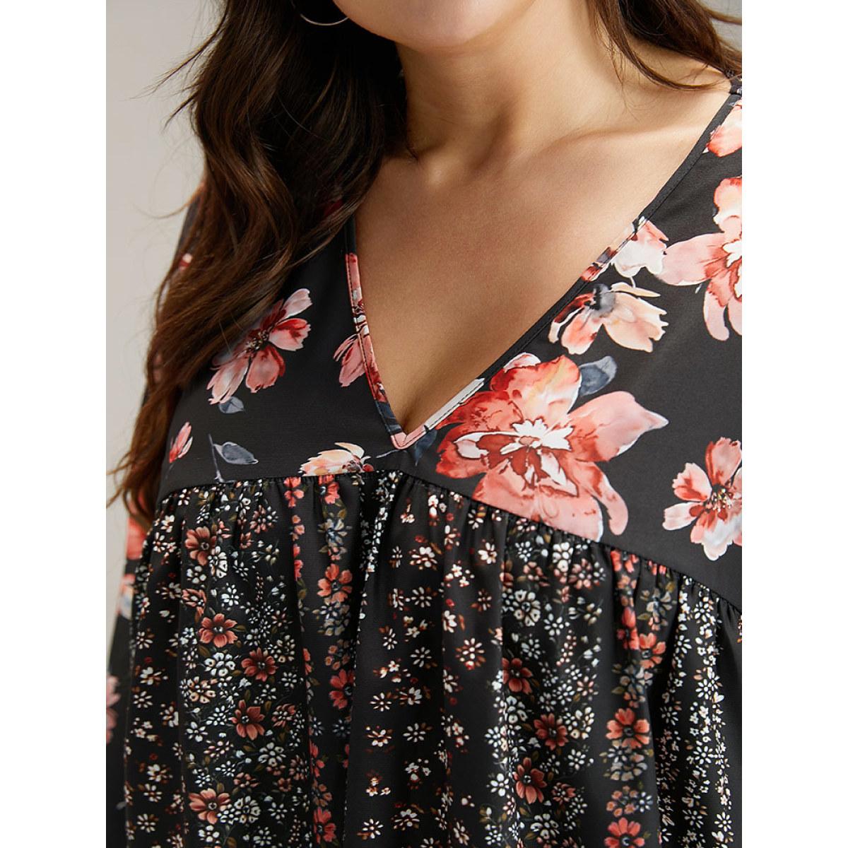 Plus Size BlackFlower Floral Print Flutter Sleeve Patchwork Blouse Women Elegant Long Sleeve V-neck Dailywear Blouses BloomChic 10/M Product Image