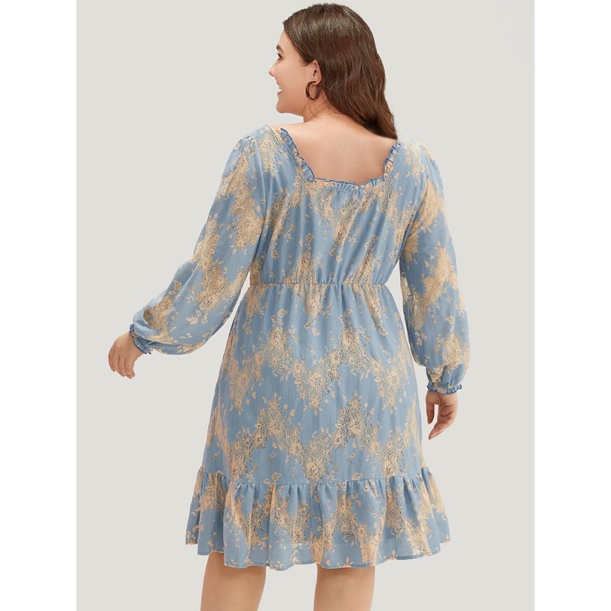 Plus Size Contrast Lace Panel Frill Trim Lantern Sleeve Dress Aegean Women Vacation Elastic cuffs Square Neck Long Sleeve Curvy Midi Dress BloomChic 12/L Product Image