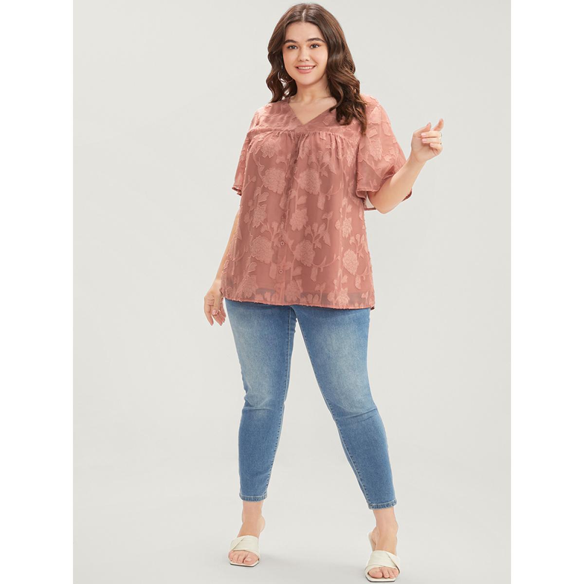 Plus Size DustyPink Floral Print Mesh Ruffle Sleeve Button Detail V Neck Blouse Women Elegant Short sleeve V-neck Going out Blouses BloomChic 12/L Product Image