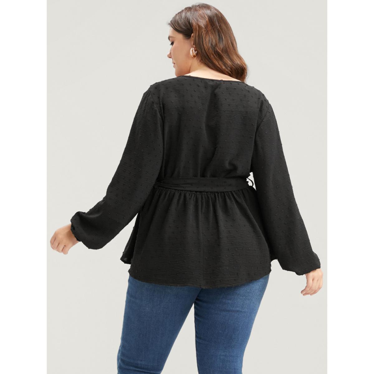 Plus Size Black Polka Dot Wrap Belted Ruffles Blouse Women Elegant Long Sleeve V-neck Dailywear Blouses BloomChic 30/6X Product Image