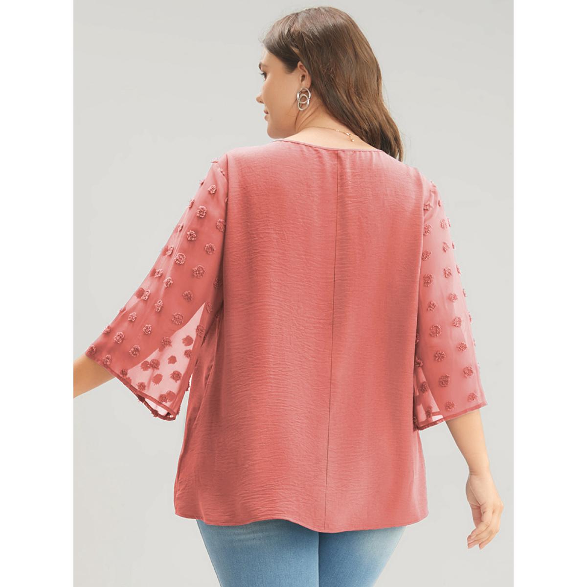 Plus Size DustyPink Polka Dot Mesh Patchwork Flounce Sleeve Blouse Women Casual Elbow-length sleeve V-neck Dailywear Blouses BloomChic 30/6X Product Image