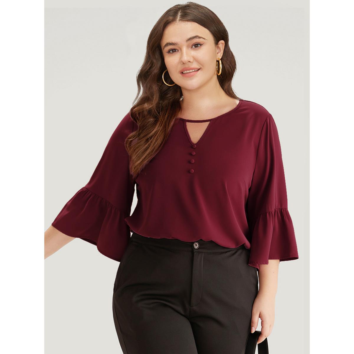 Plus Size Cyan Plain Keyhole Bell Sleeve Button Detail Blouse Women Office Elbow-length sleeve V-neck Office Blouses BloomChic 14-16/1X Product Image
