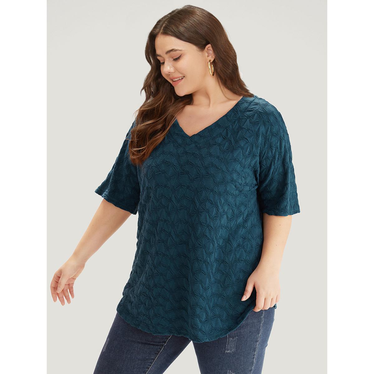 Plus Size Plain Textured V Neck Half Sleeve T-shirt Cyan Women Elegant Texture Plain V-neck Dailywear T-shirts BloomChic 30/6X Product Image