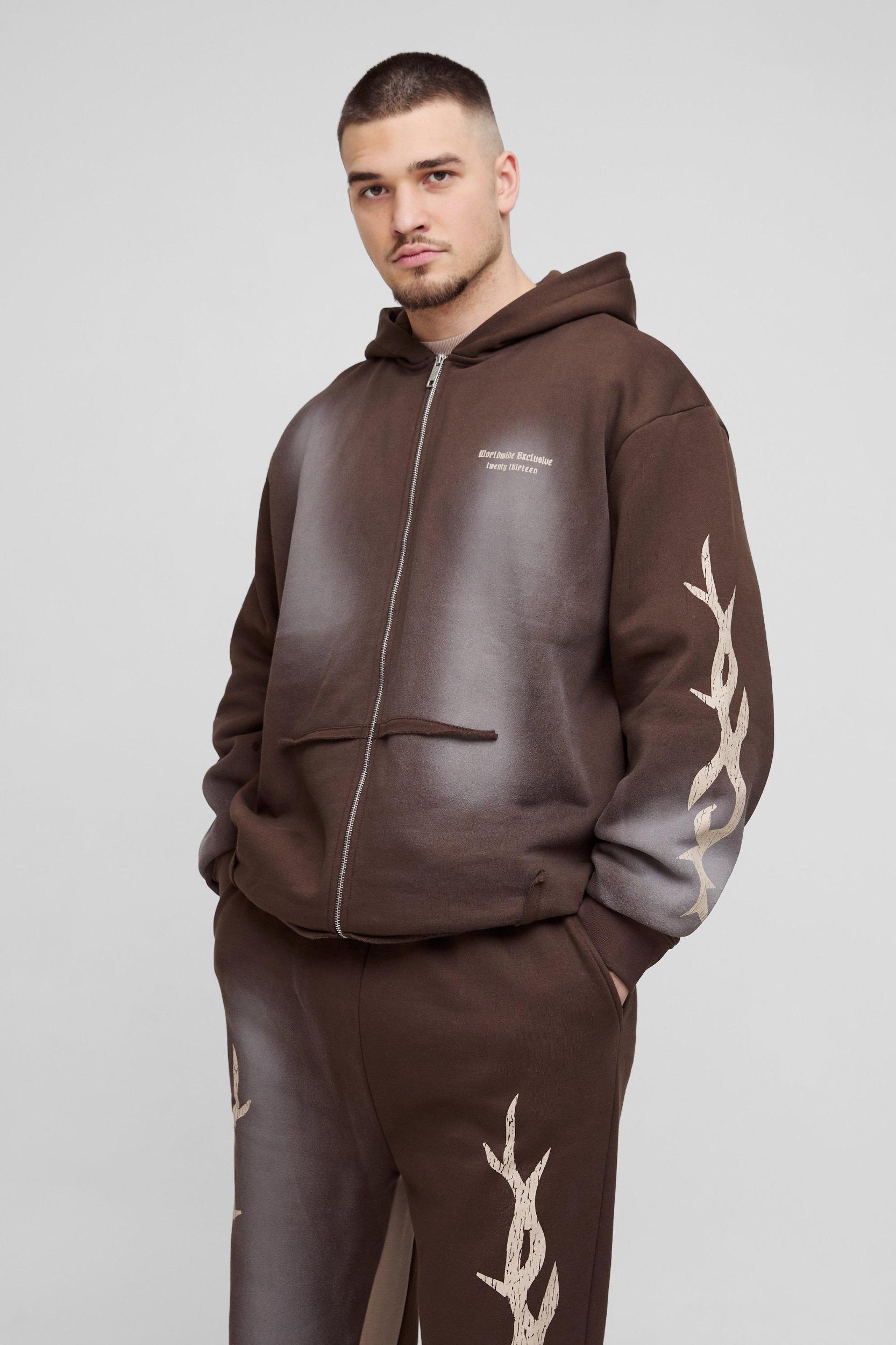 Tall Oversized Zip Thru Graphic Spray Wash Hooded Relaxed Flare Tracksuit | boohooMAN USA Product Image