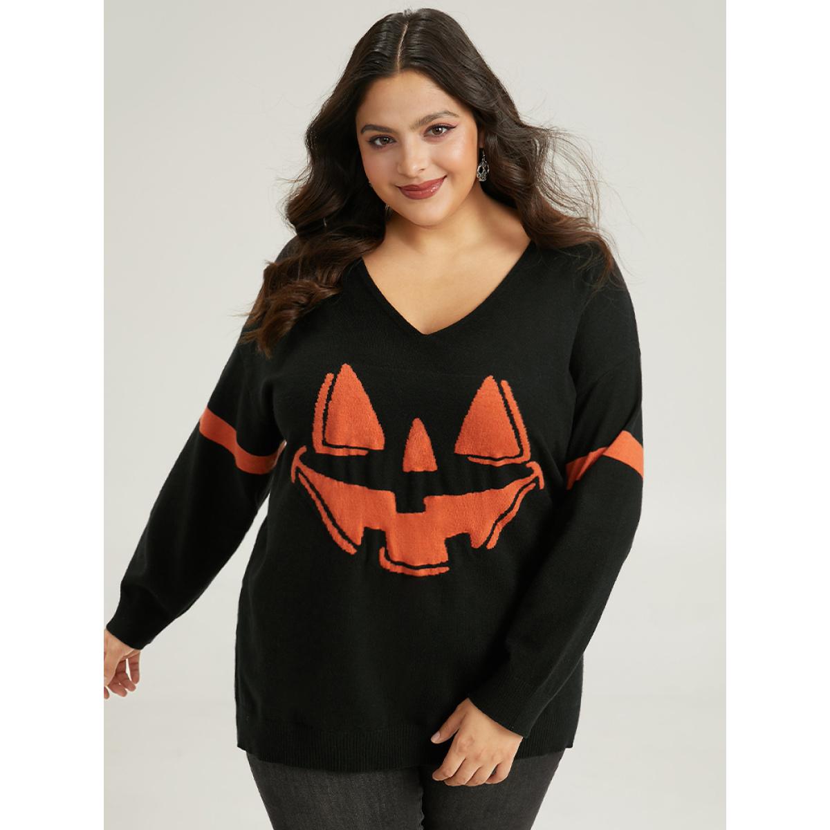 Plus Size Anti-Pilling Halloween Graphic Pullover Black Women Casual Loose Long Sleeve V-neck Festival-Halloween Pullovers BloomChic 28/5X Product Image