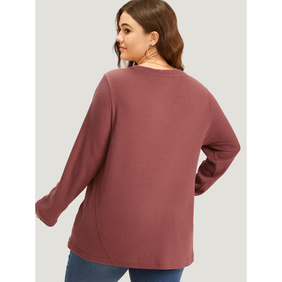 Plus Size Waffle Knit Crisscross Neck Long Sleeve T-shirt DustyPink Women Casual Texture Plain V-neck Dailywear T-shirts BloomChic 30/6X Product Image