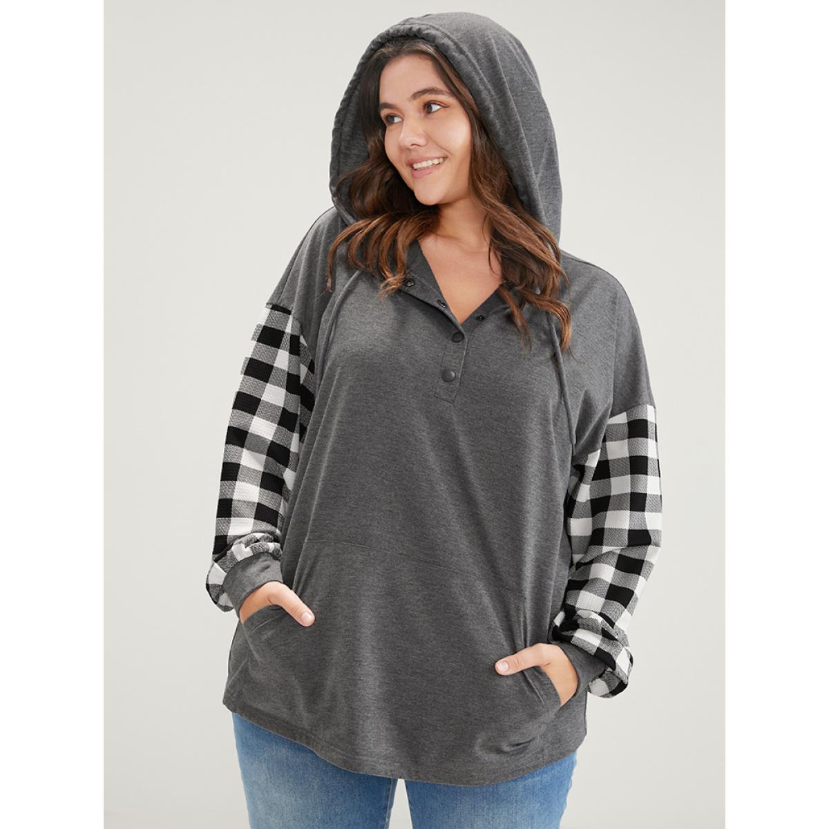 Plus Size Gingham Pocket Button Up Hooded Sweatshirt Women DimGray Casual Contrast Hooded Dailywear Sweatshirts BloomChic 12/L Product Image