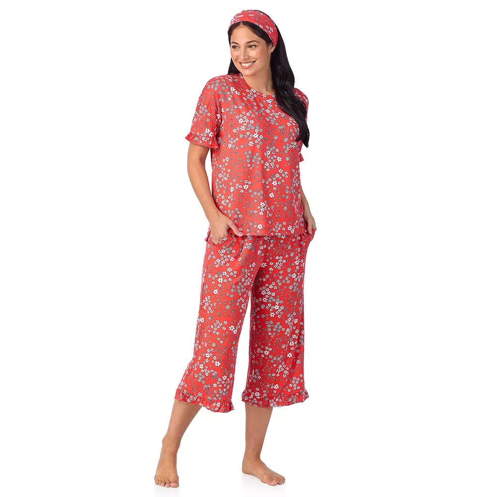 Women's Cuddl Duds® 3-Piece Short Sleeve Pajama Top, Cropped Pajama Pants & Headband Set, Size: XS, Pink Disty Product Image
