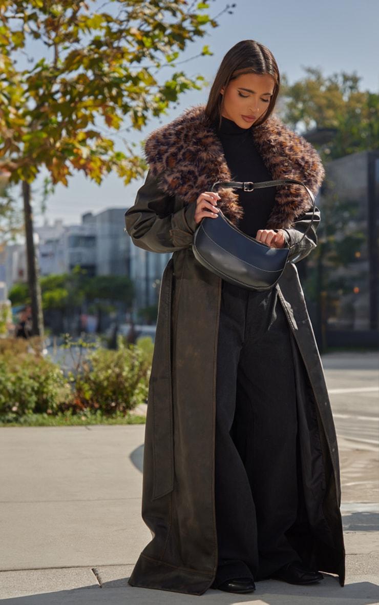 Washed Brown Detachable Leopard Faux Fur Trim PU Trench Coat Product Image