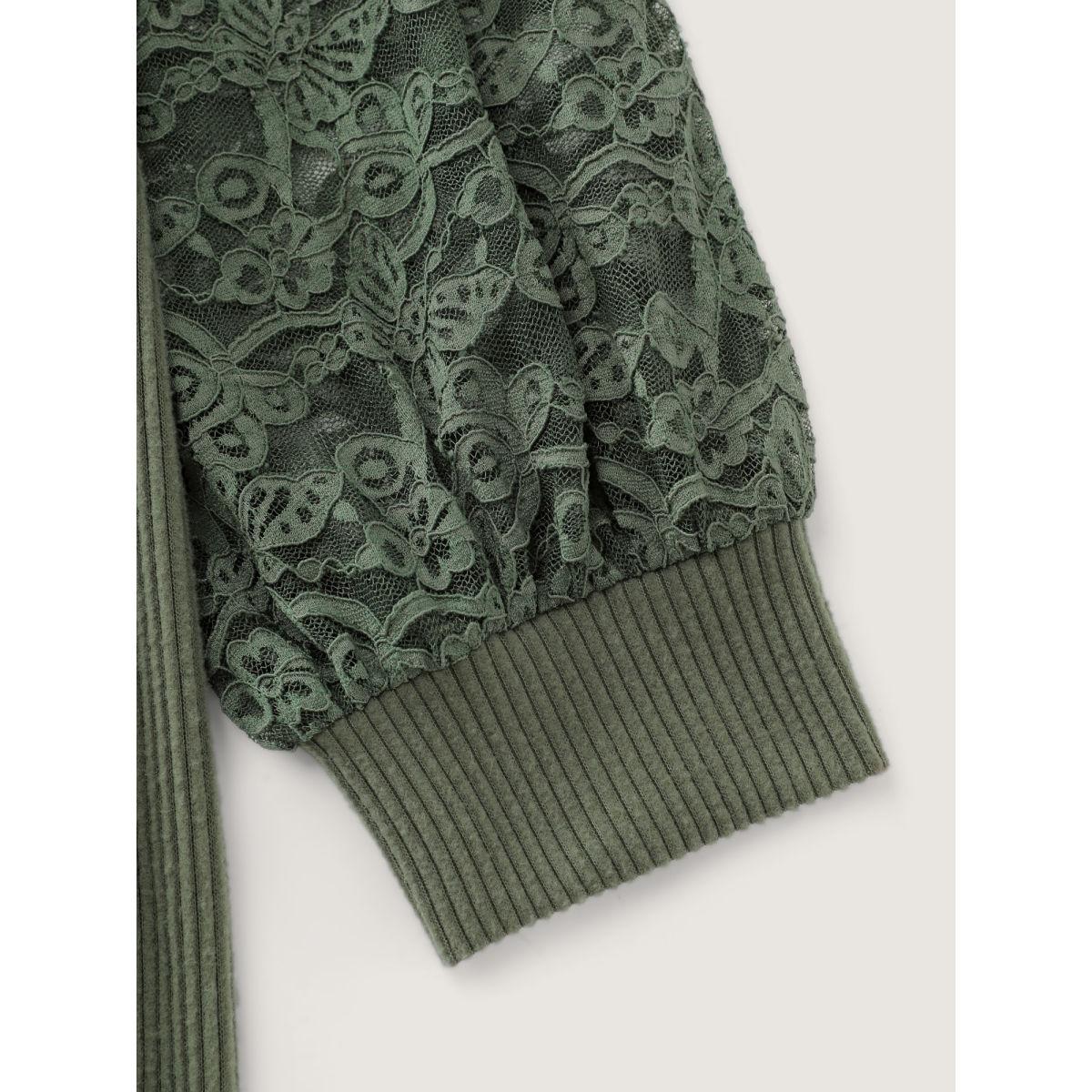 Plus Size Sheer Lace Cozy Belted Waist Midi Dress DarkGreen Women Romantic Overlap Collar Extra Long Sleeve Curvy BloomChic 10/M Product Image