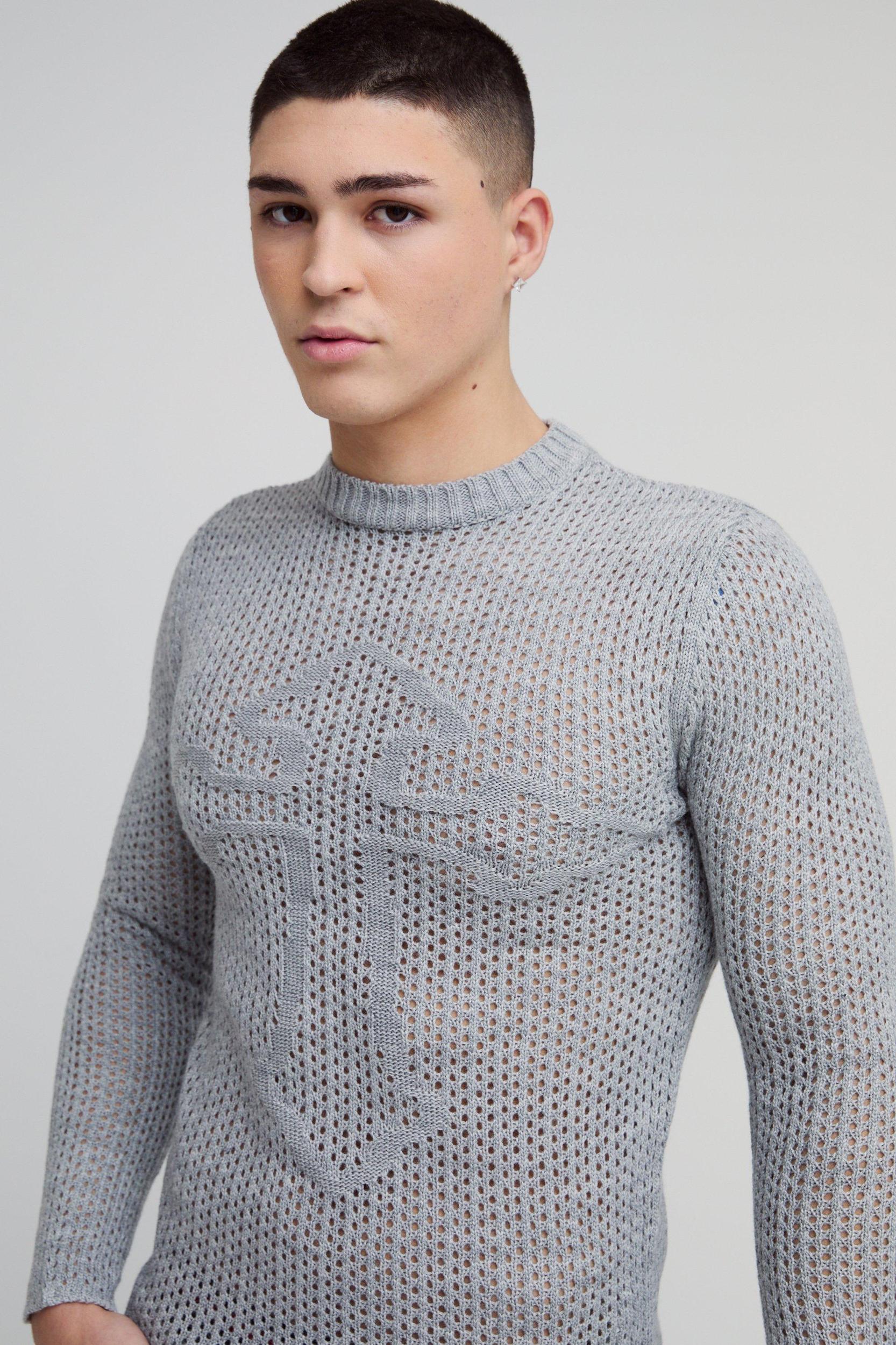 Muscle Fit Open Stitch Cross Graphic Long Sleeve Knitted T-Shirt | boohooMAN USA Product Image