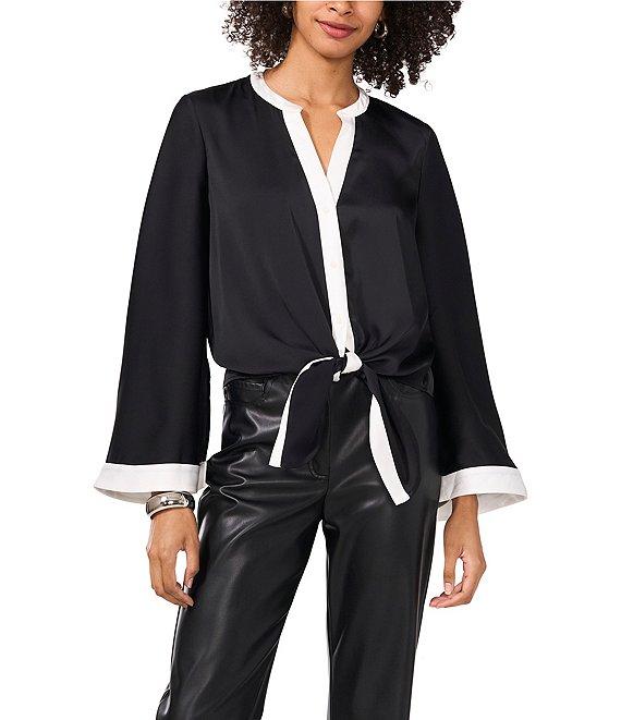 Vince Camuto Woven Contrast Trim Split V-Neck Flare Sleeve Tie Front Blouse Product Image