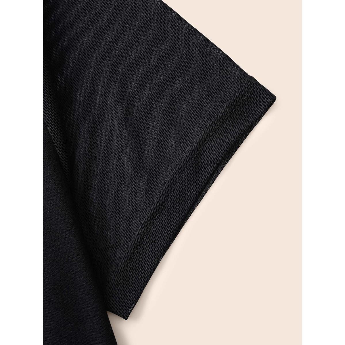 Plus Size V Neck Mesh Patchwork Ruched T-shirt Black Women Elegant Gathered Heart neckline Skinny Everyday T-shirts BloomChic 14-16/1X Product Image