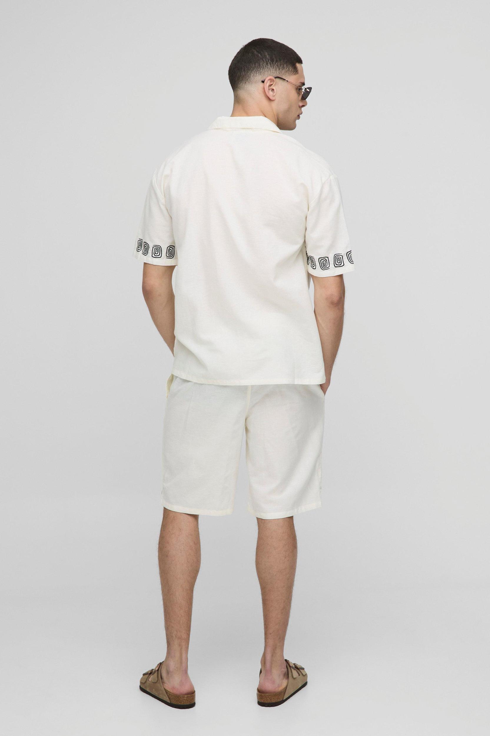 Oversized Embroidery Linen Blend Shirt & Short Set | boohooMAN USA Product Image