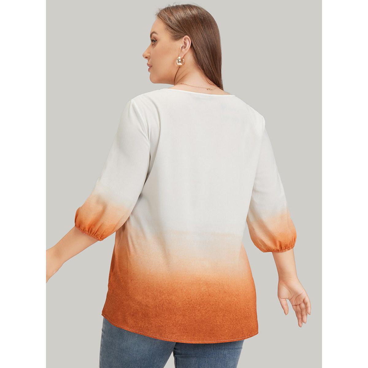 Plus Size Orange Ombre Printed Lantern Sleeve Blouse Women Vacation Elbow-length sleeve V-neck Dailywear Blouses BloomChic 10/M Product Image