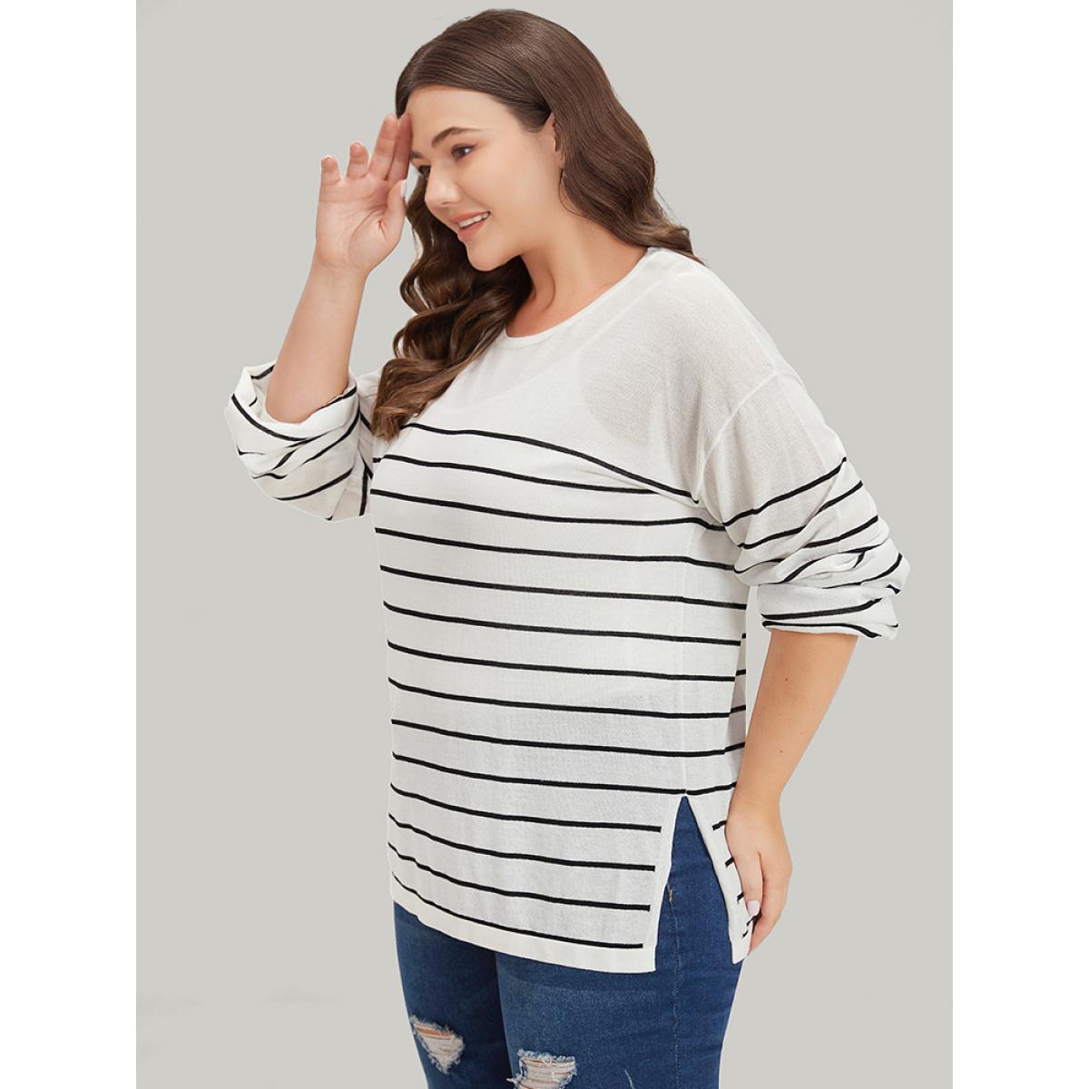 Plus Size Striped Split Side Lightweight Elastic Cuffs Pullover White Women Casual Loose Long Sleeve Round Neck Everyday Pullovers BloomChic 14-16/1X Product Image