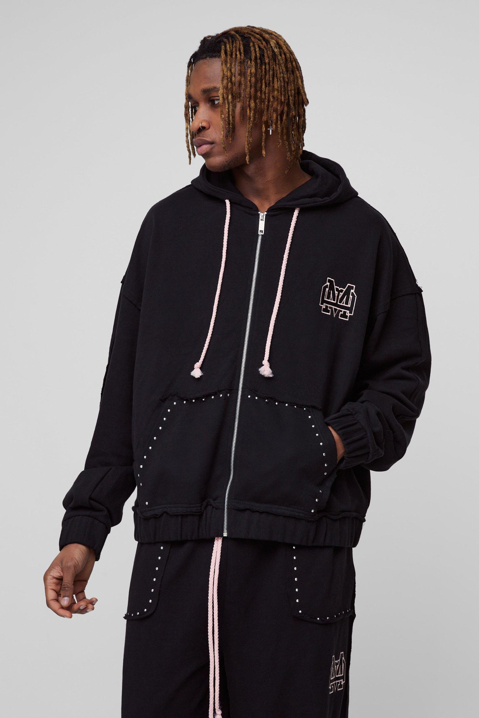 Tall Oversized Boxy Zip Thru Seam Detail Hooded Tracksuit | boohooMAN USA Product Image