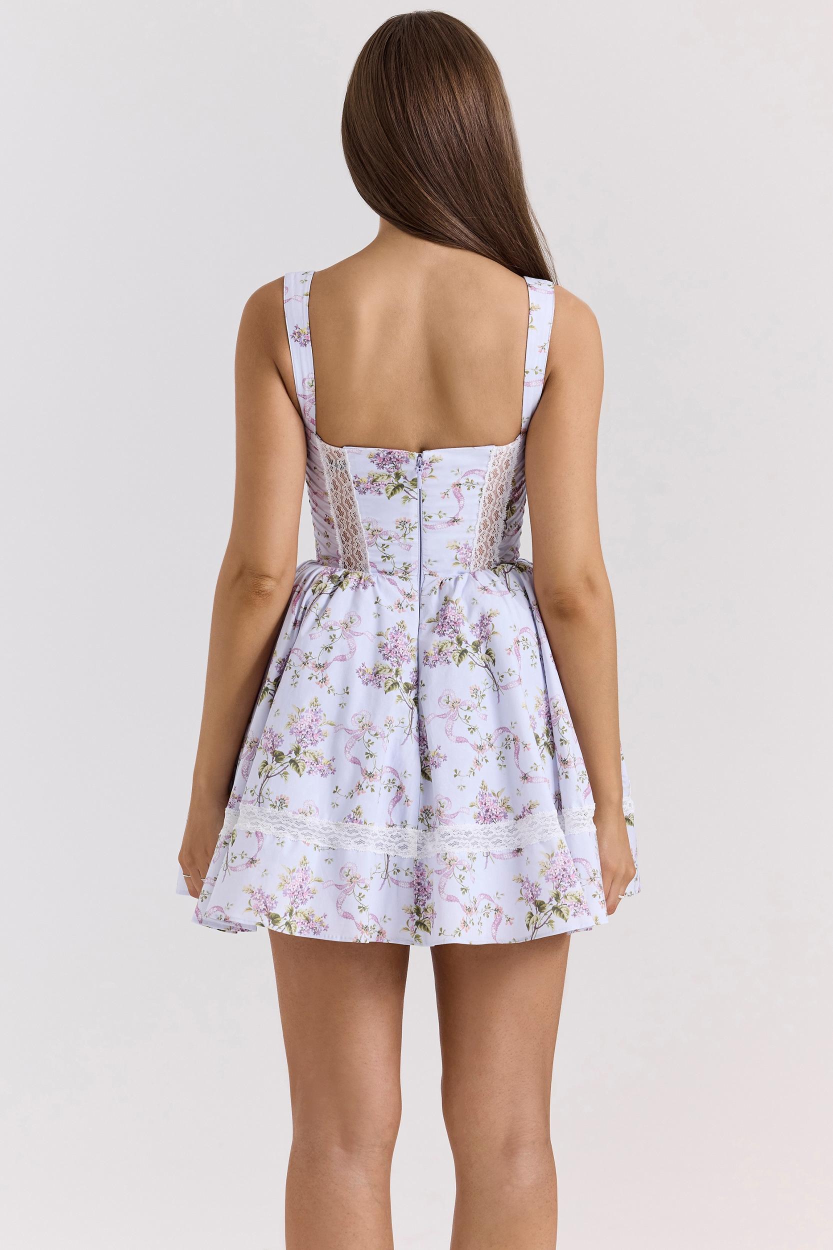 Kimmie  lilac ribbon print cotton mini dress Product Image