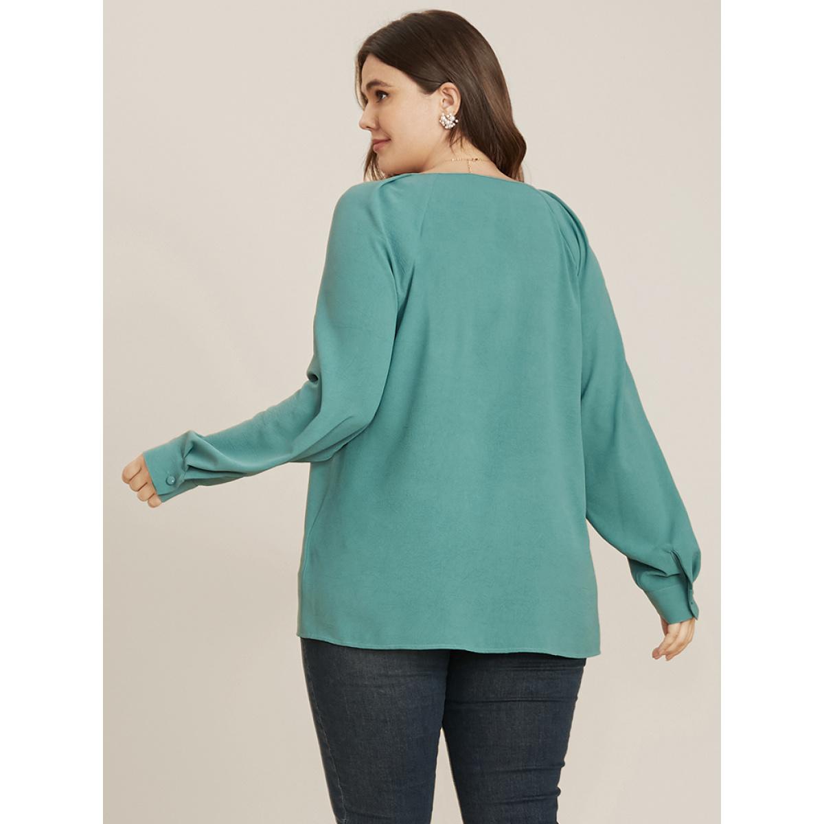 Plus Size Mint Solid V Neck Button Detail Blouse Women Office Long Sleeve V-neck Office Blouses BloomChic 18-20/2X Product Image